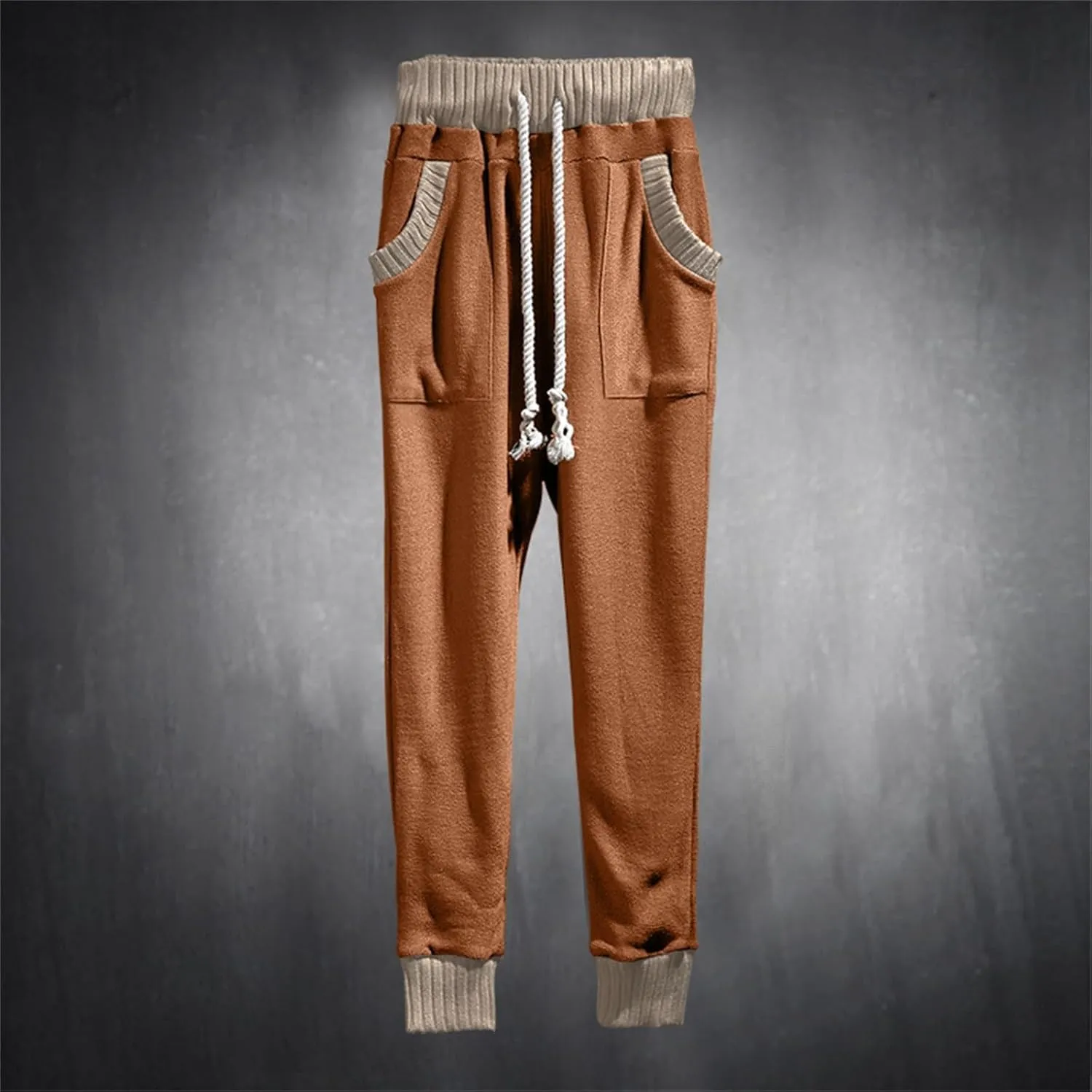Mens Tapered Sweatpants Pocket Knitted Patchwork Harem Pants Slim Fit Comfy String Drop Crotch Home Lounge Trousers
