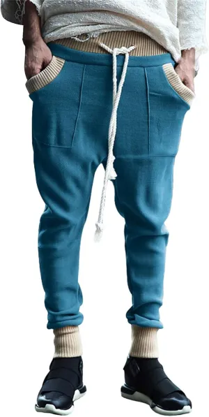 Mens Tapered Sweatpants Pocket Knitted Patchwork Harem Pants Slim Fit Comfy String Drop Crotch Home Lounge Trousers