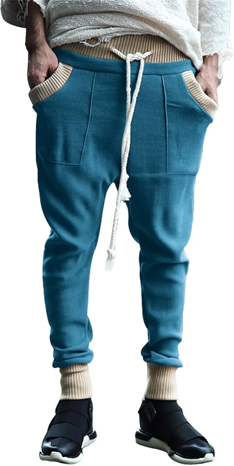 Mens Tapered Sweatpants Pocket Knitted Patchwork Harem Pants Slim Fit Comfy String Drop Crotch Home Lounge Trousers