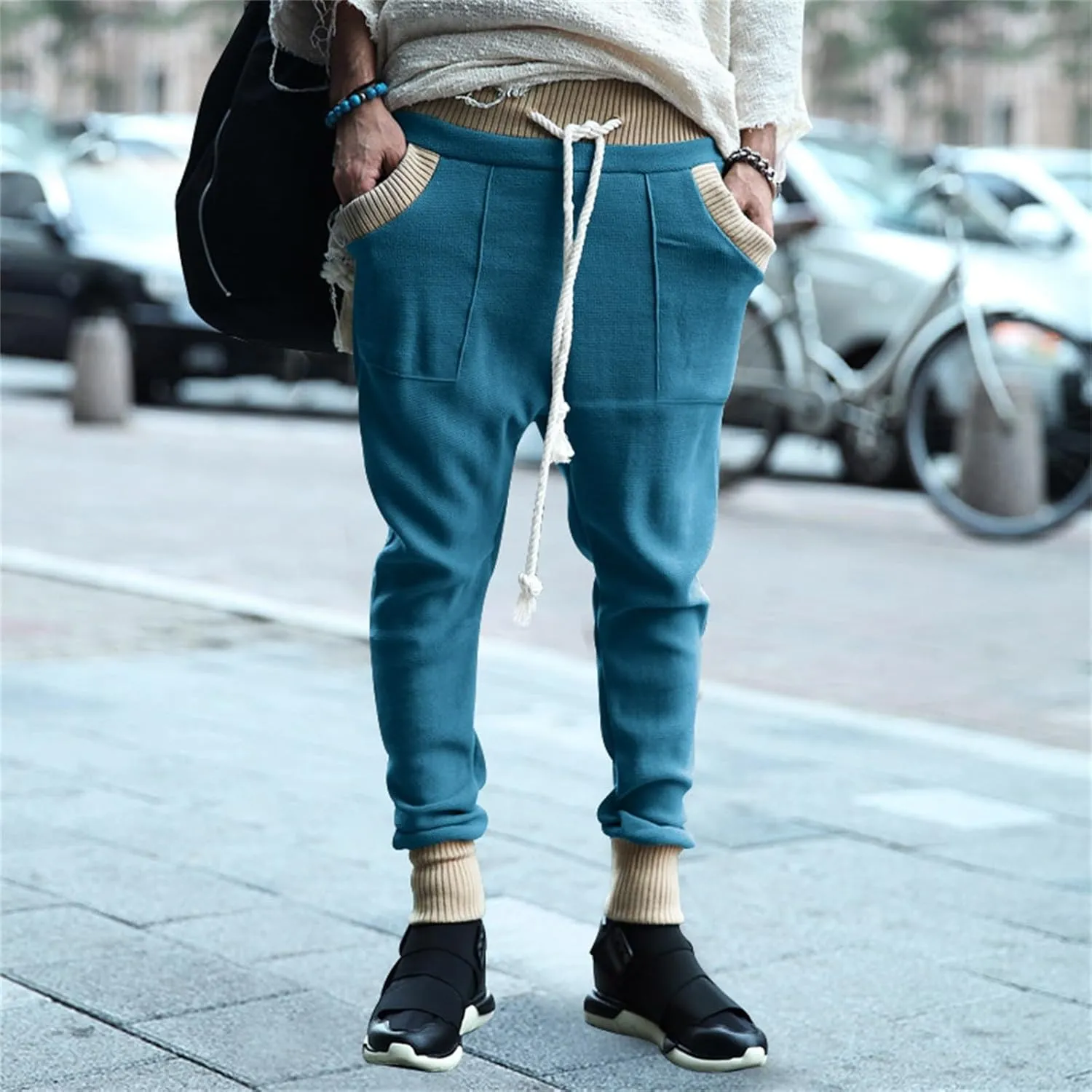 Mens Tapered Sweatpants Pocket Knitted Patchwork Harem Pants Slim Fit Comfy String Drop Crotch Home Lounge Trousers