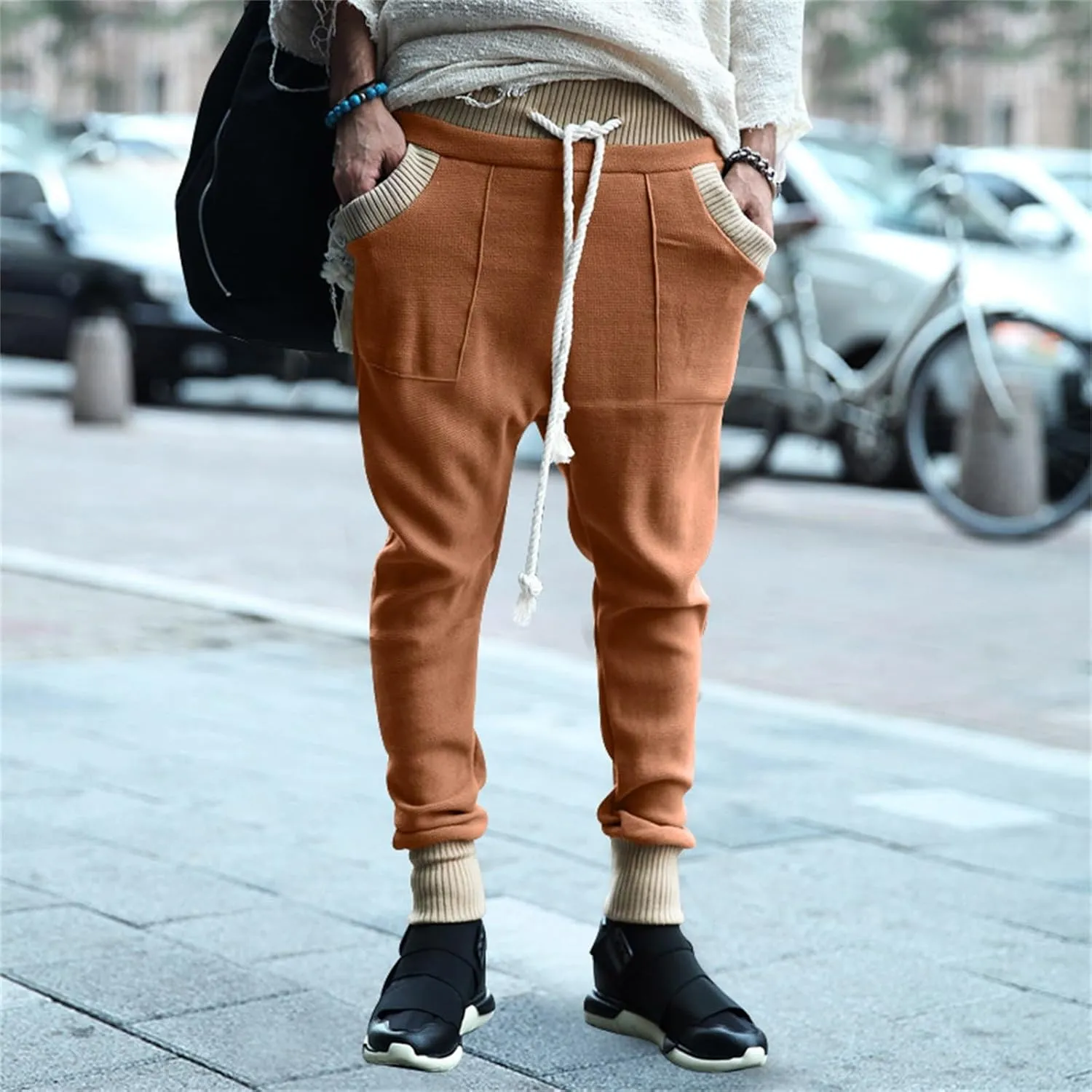 Mens Tapered Sweatpants Pocket Knitted Patchwork Harem Pants Slim Fit Comfy String Drop Crotch Home Lounge Trousers