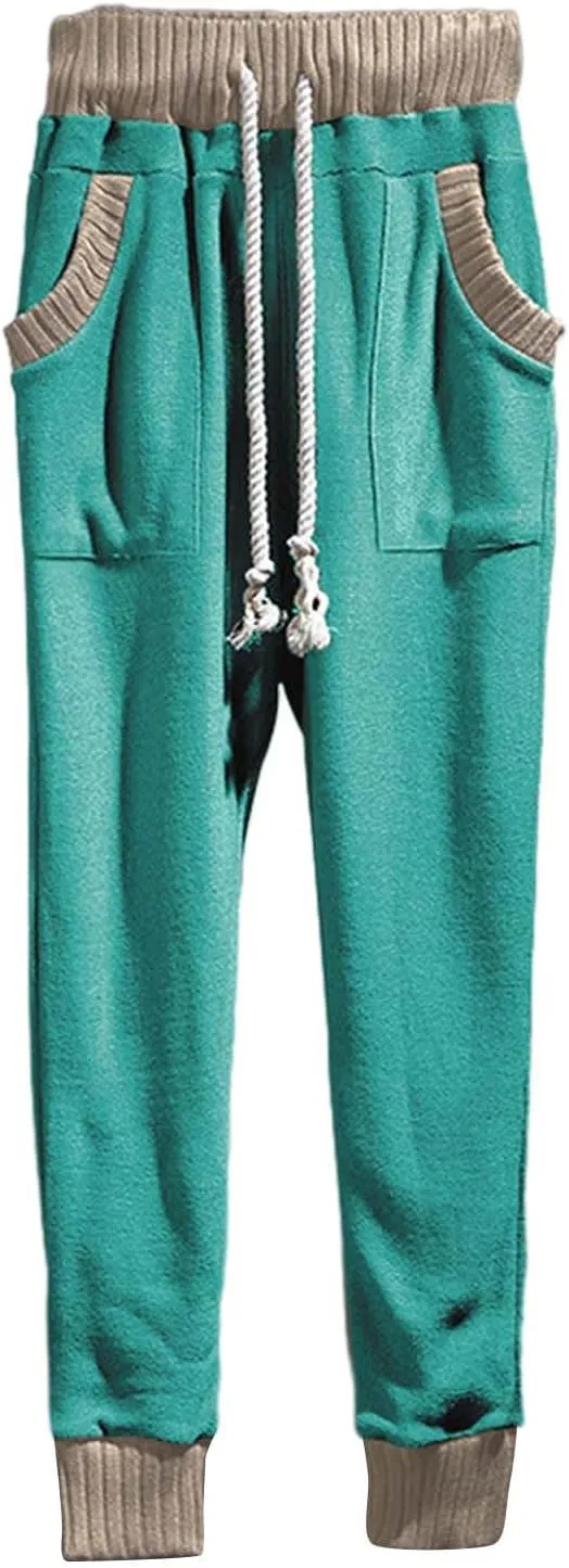 Mens Tapered Sweatpants Pocket Knitted Patchwork Harem Pants Slim Fit Comfy String Drop Crotch Home Lounge Trousers