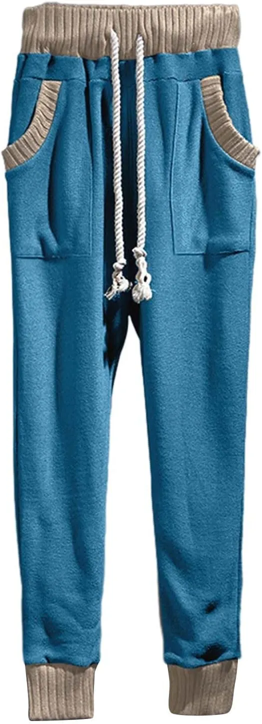 Mens Tapered Sweatpants Pocket Knitted Patchwork Harem Pants Slim Fit Comfy String Drop Crotch Home Lounge Trousers