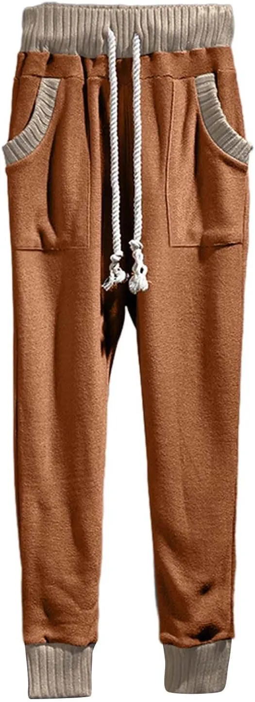 Mens Tapered Sweatpants Pocket Knitted Patchwork Harem Pants Slim Fit Comfy String Drop Crotch Home Lounge Trousers