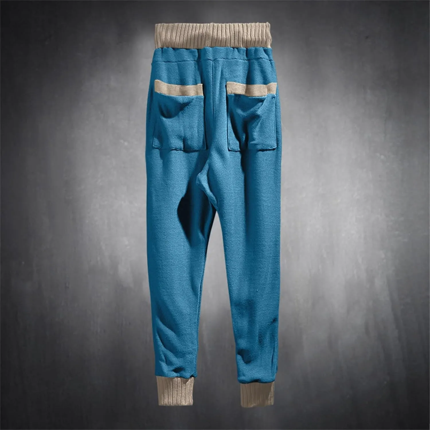 Mens Tapered Sweatpants Pocket Knitted Patchwork Harem Pants Slim Fit Comfy String Drop Crotch Home Lounge Trousers