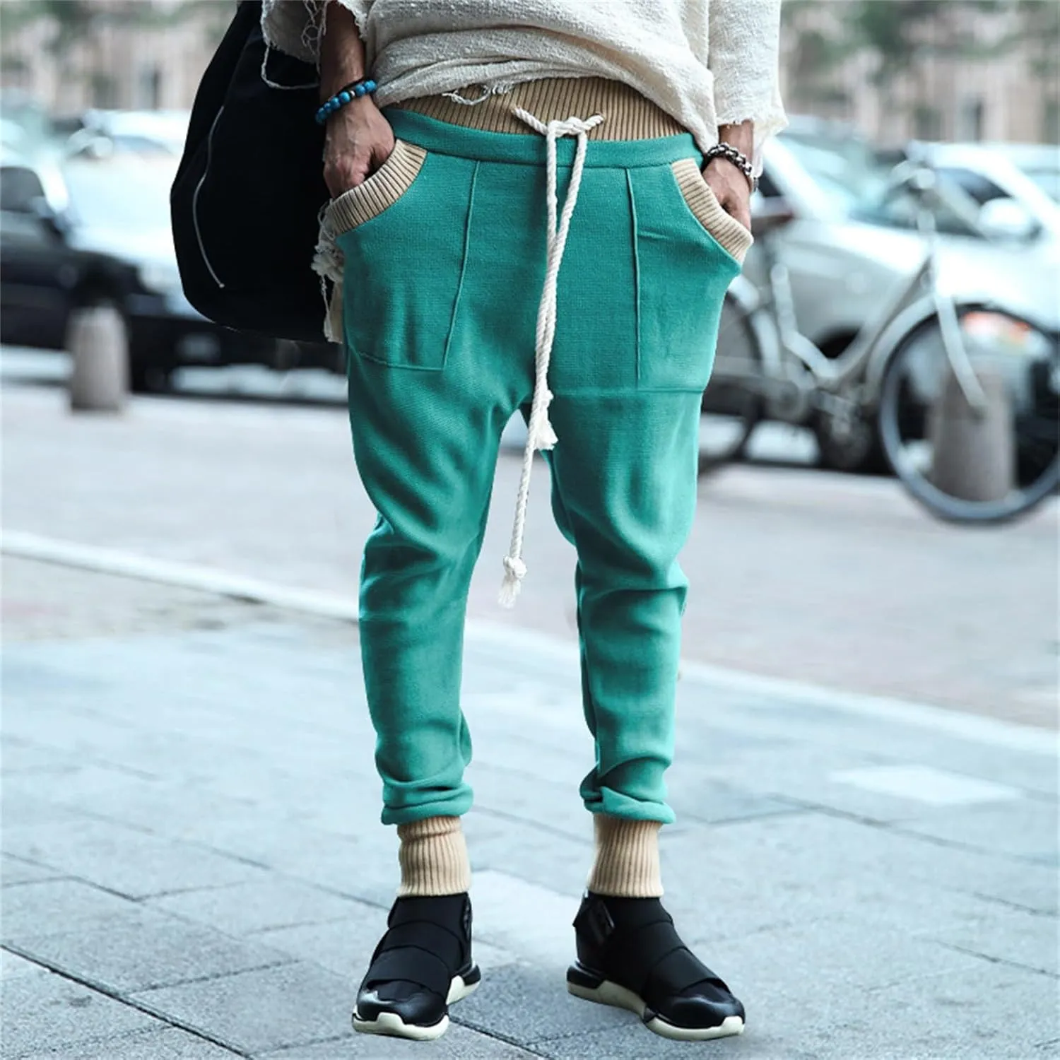 Mens Tapered Sweatpants Pocket Knitted Patchwork Harem Pants Slim Fit Comfy String Drop Crotch Home Lounge Trousers