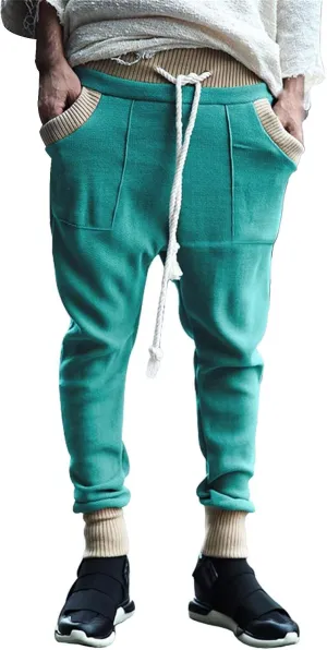 Mens Tapered Sweatpants Pocket Knitted Patchwork Harem Pants Slim Fit Comfy String Drop Crotch Home Lounge Trousers