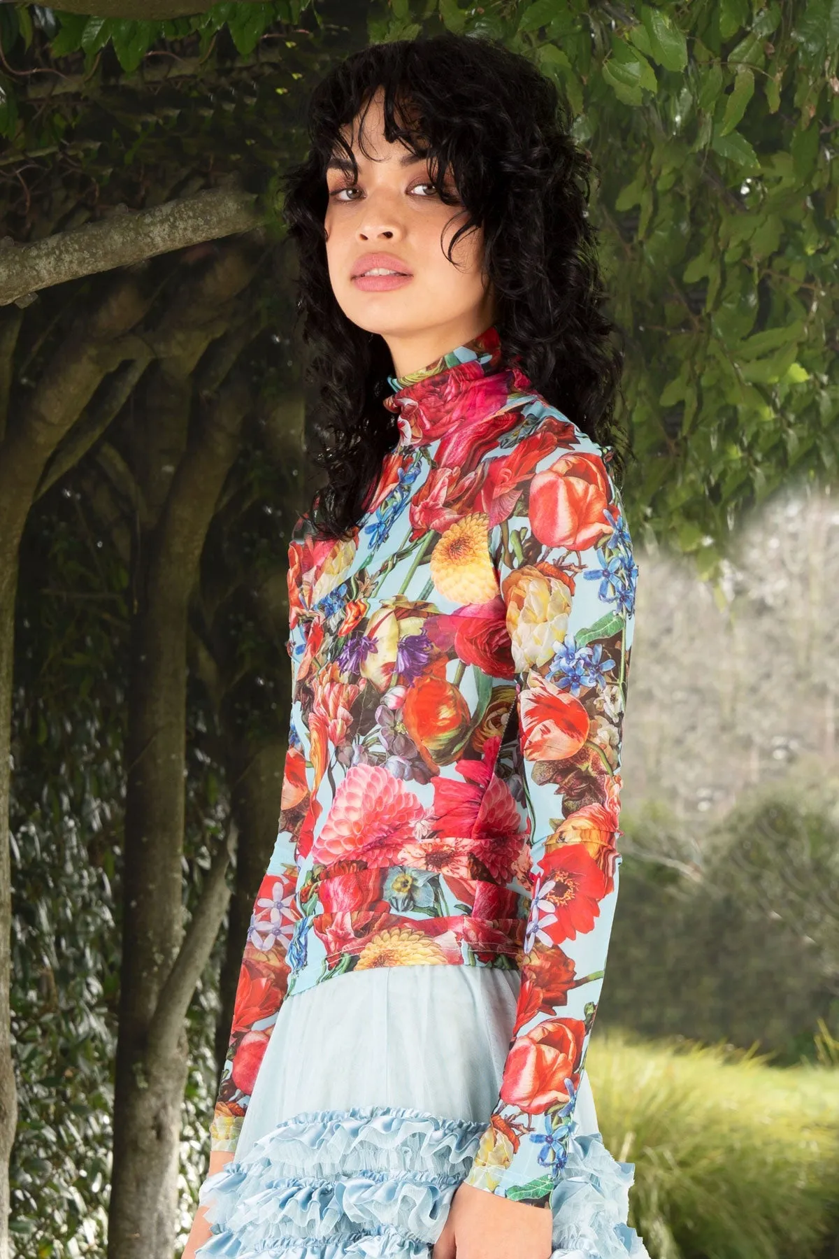 Neck of the Woods Mesh Top | Aqua Floral