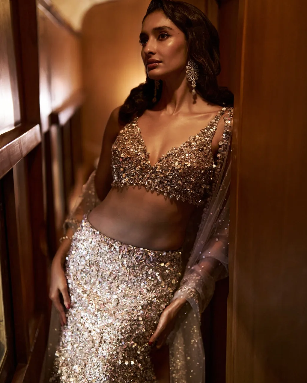Nude Fit and Flare Crystal Skirt Set