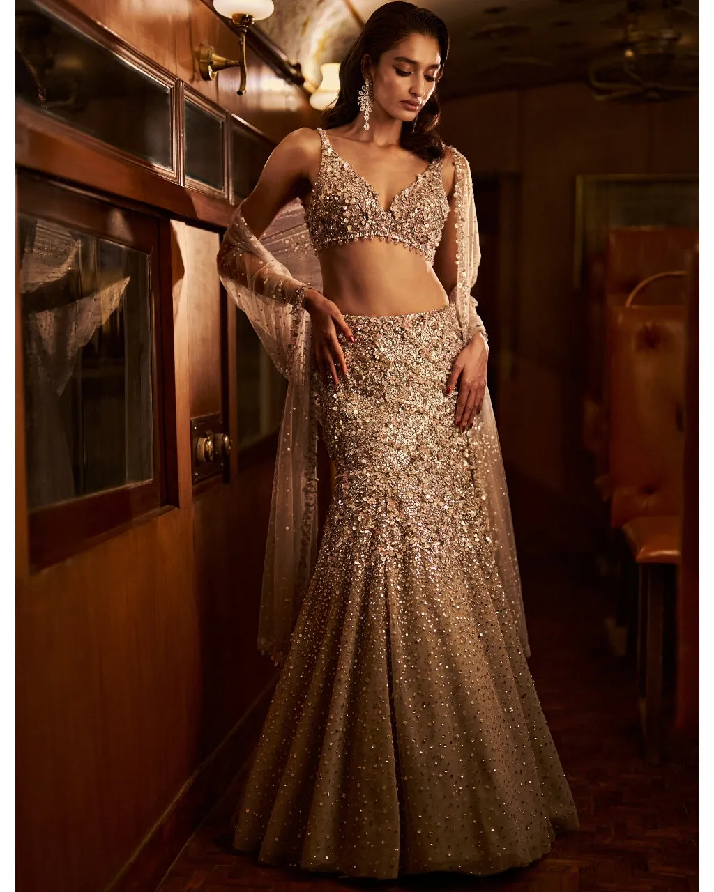Nude Fit and Flare Crystal Skirt Set