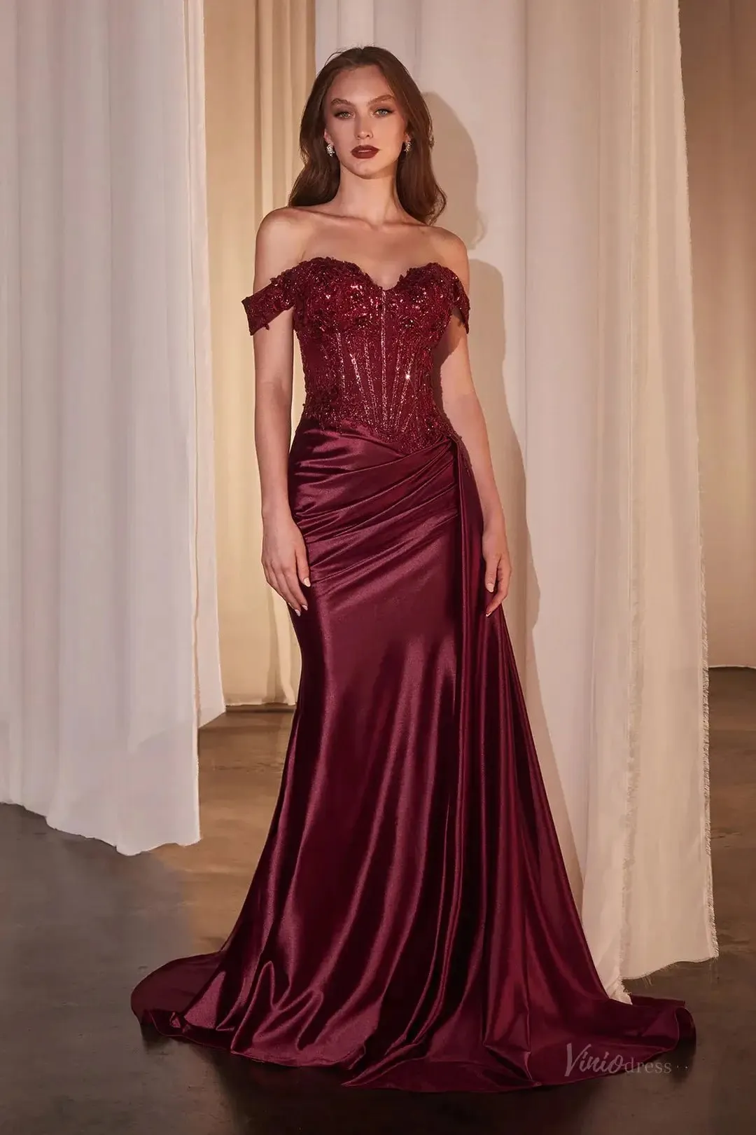 Off the Shoulder Satin Mermaid Prom Dresses 2025 with Slit & Sparkly Lace Bodice – FD5069