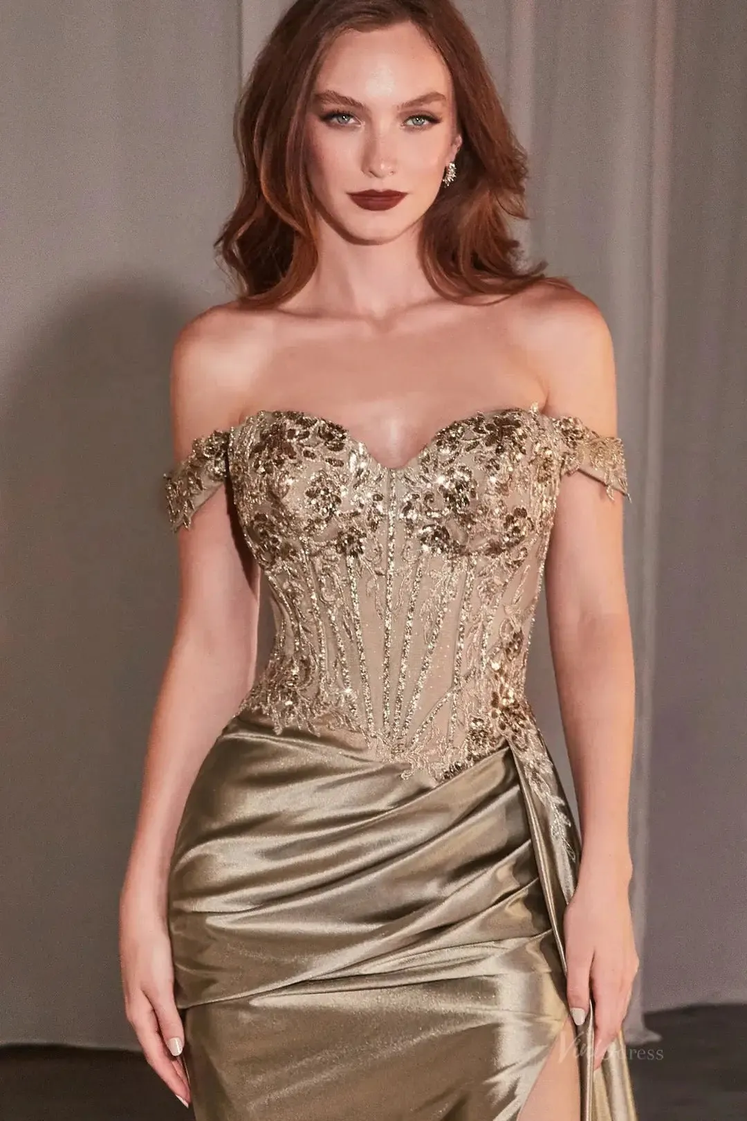 Off the Shoulder Satin Mermaid Prom Dresses 2025 with Slit & Sparkly Lace Bodice – FD5069