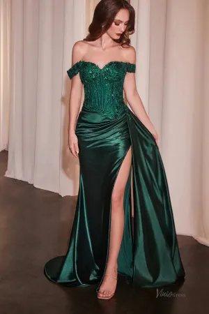 Off the Shoulder Satin Mermaid Prom Dresses 2025 with Slit & Sparkly Lace Bodice – FD5069