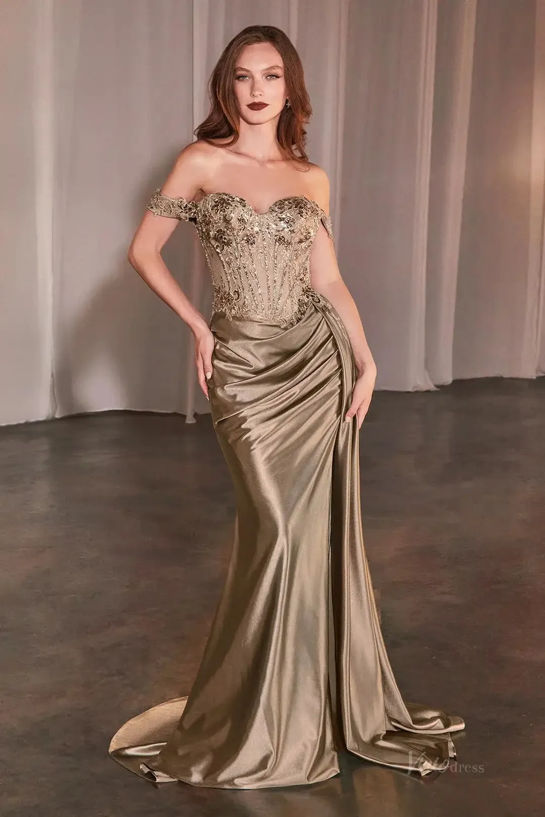 Off the Shoulder Satin Mermaid Prom Dresses 2025 with Slit & Sparkly Lace Bodice – FD5069