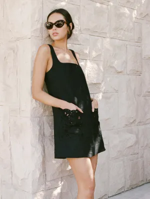 PEONY Embroidered Shift Mini Dress in Ebony