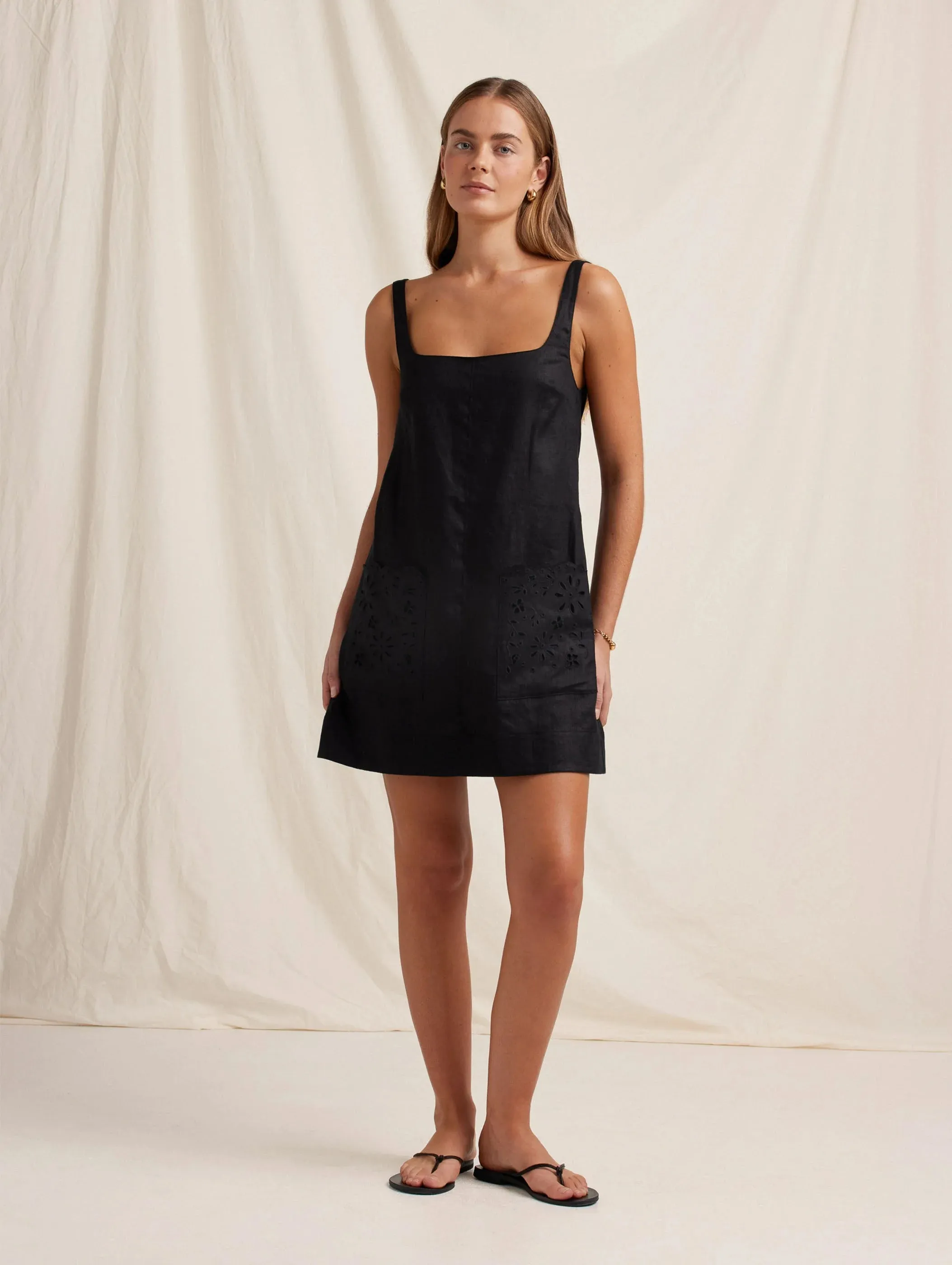 PEONY Embroidered Shift Mini Dress in Ebony