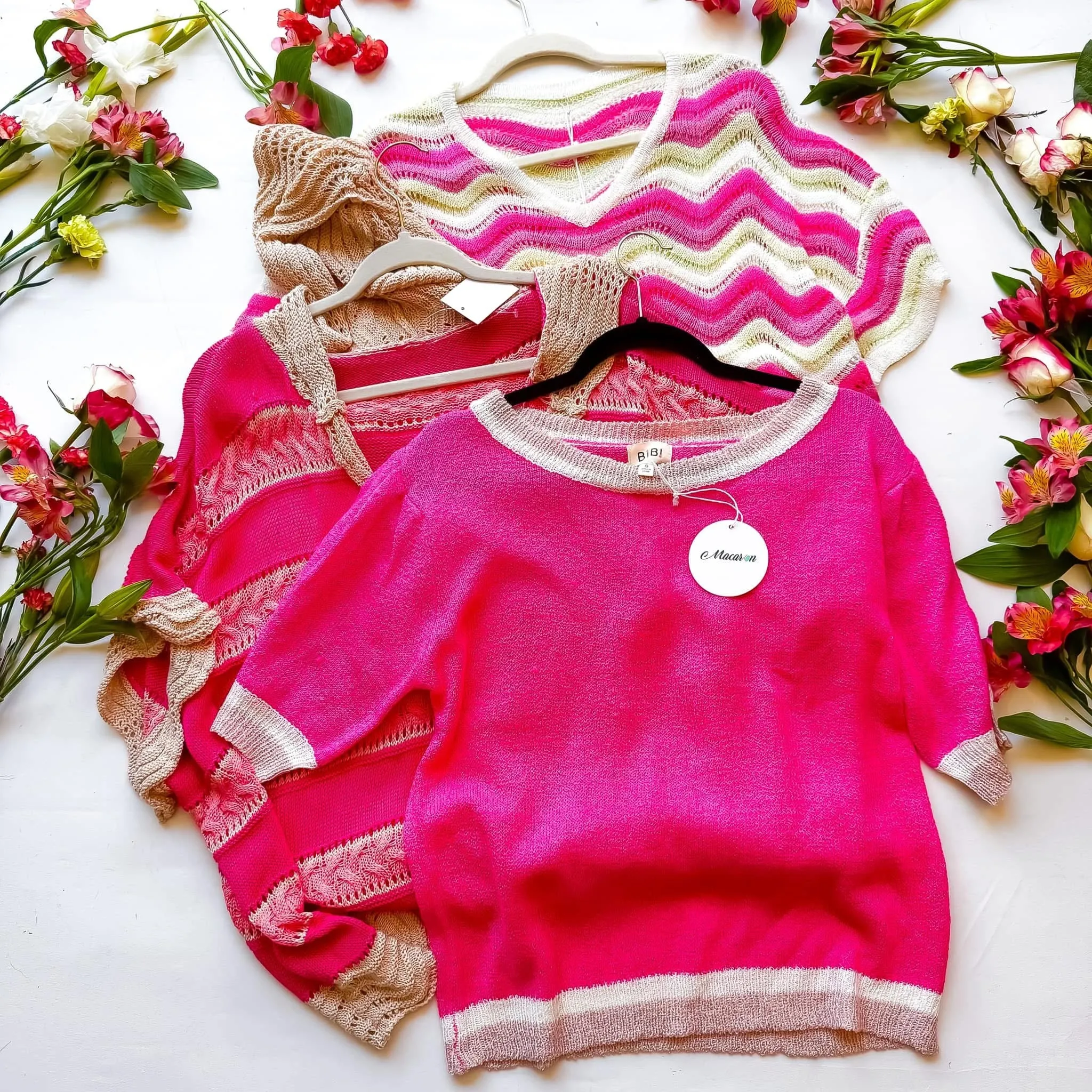 Pink Color Block Trim Lightweight Texture Knit Short Sleeve Top