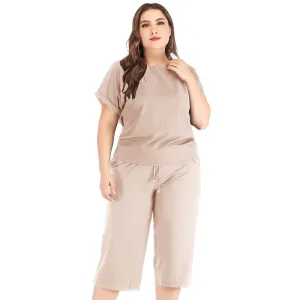 Plus Size Round Neck T-Shirt & Drawstring Wide-Leg Capris Set
