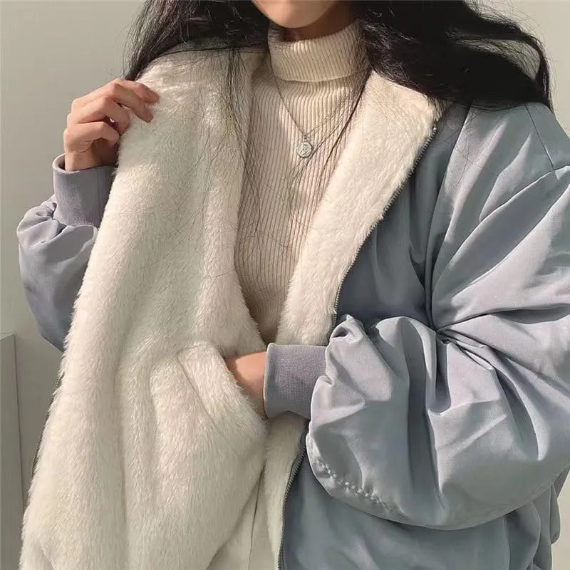 Pooyikoi Sherpa Jacket for Women Reversible Jacket Y2k Sherpa Zip Up Hoodie Fleece Fur Winter Coat Oversized Korean Clothes