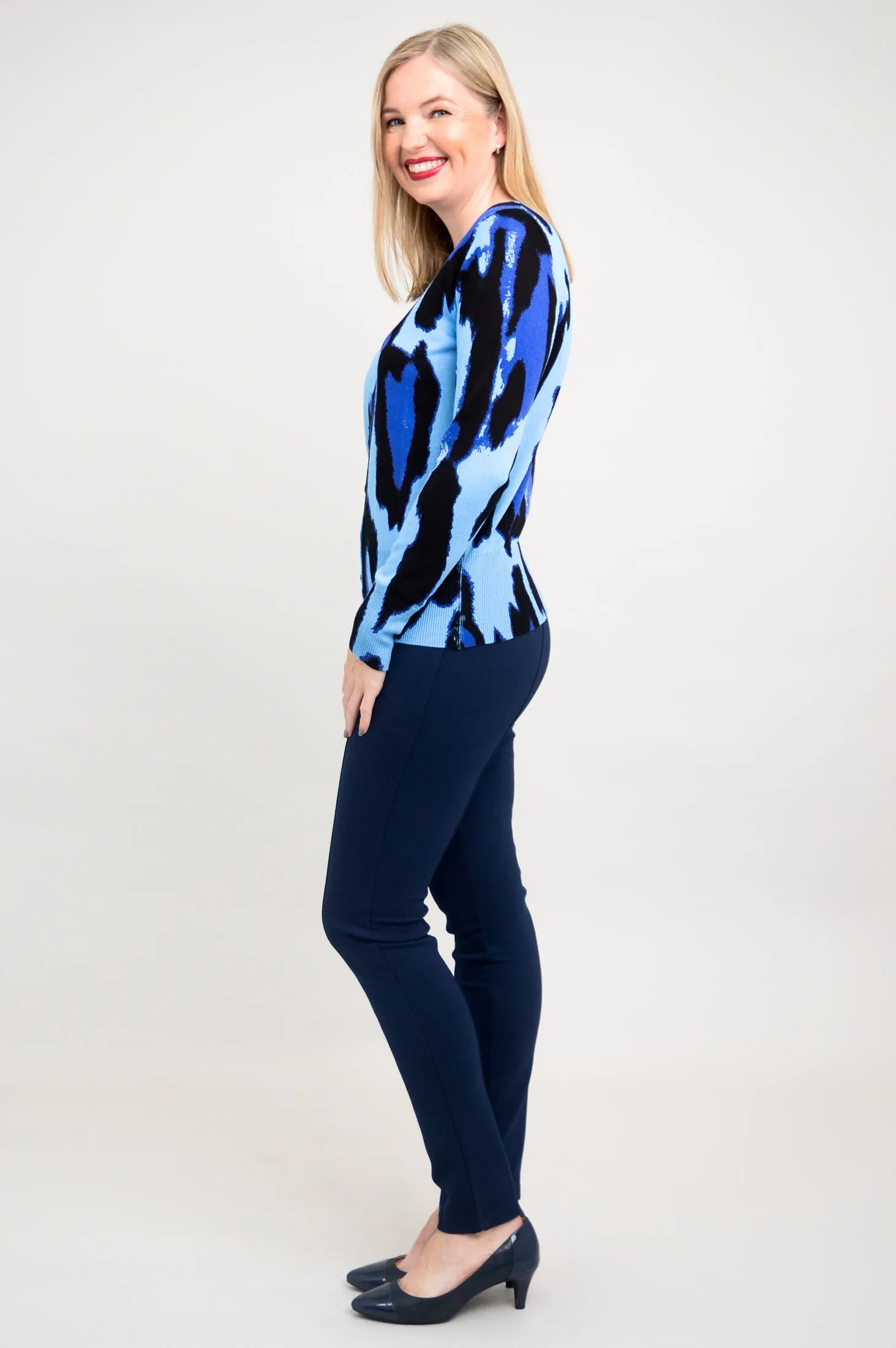 Ramona Sweater, Blue Leopard, Bamboo Cotton