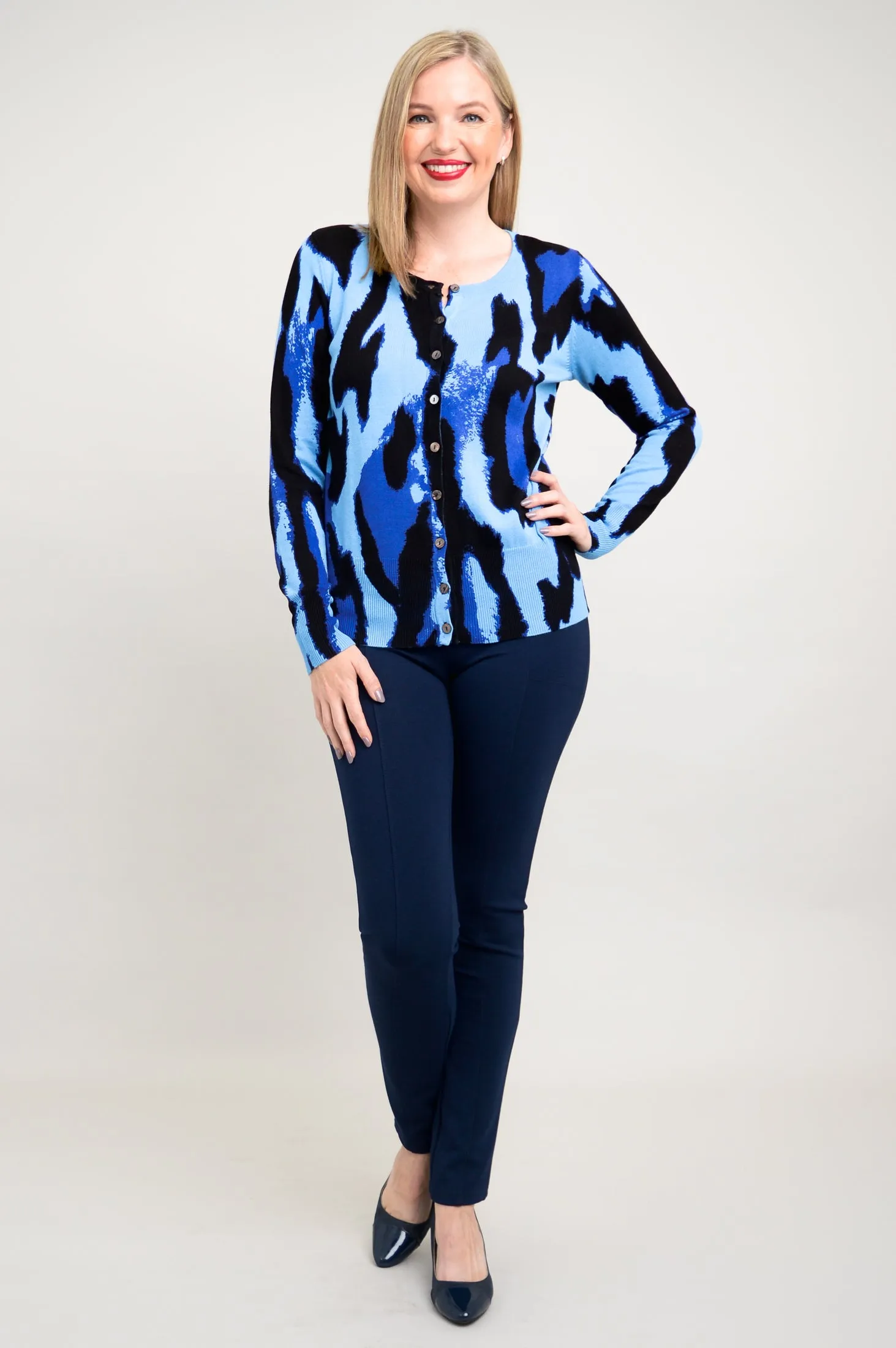 Ramona Sweater, Blue Leopard, Bamboo Cotton