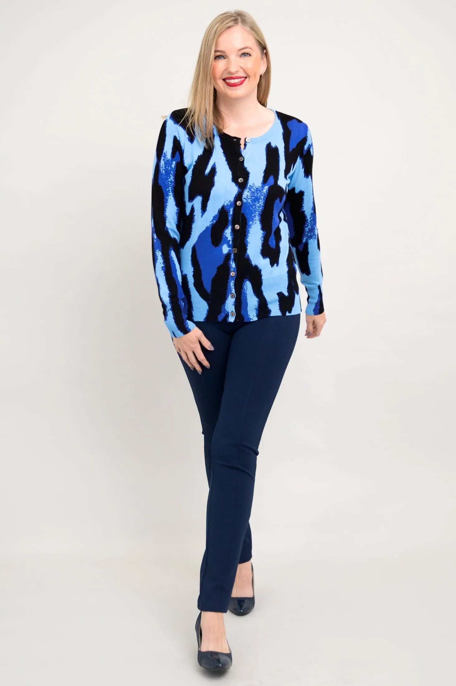 Ramona Sweater, Blue Leopard, Bamboo Cotton