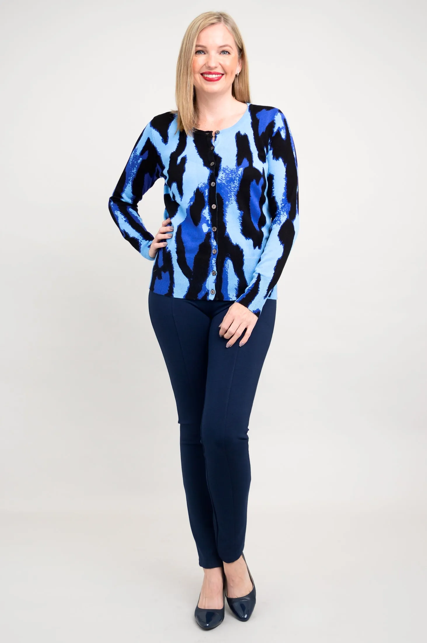 Ramona Sweater, Blue Leopard, Bamboo Cotton
