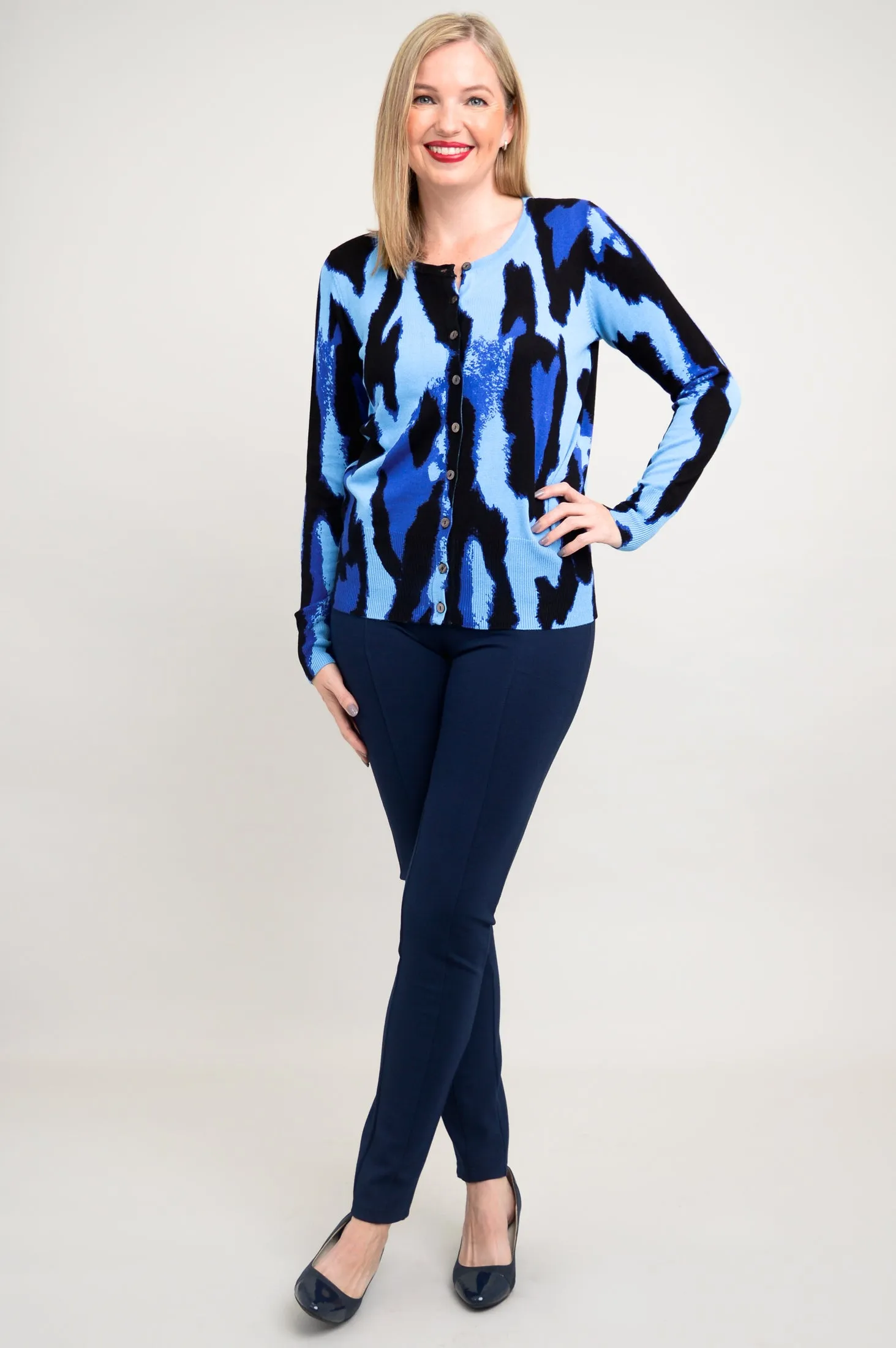 Ramona Sweater, Blue Leopard, Bamboo Cotton