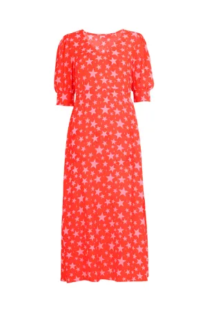 Red with Pink Star V Neck Midi Dress