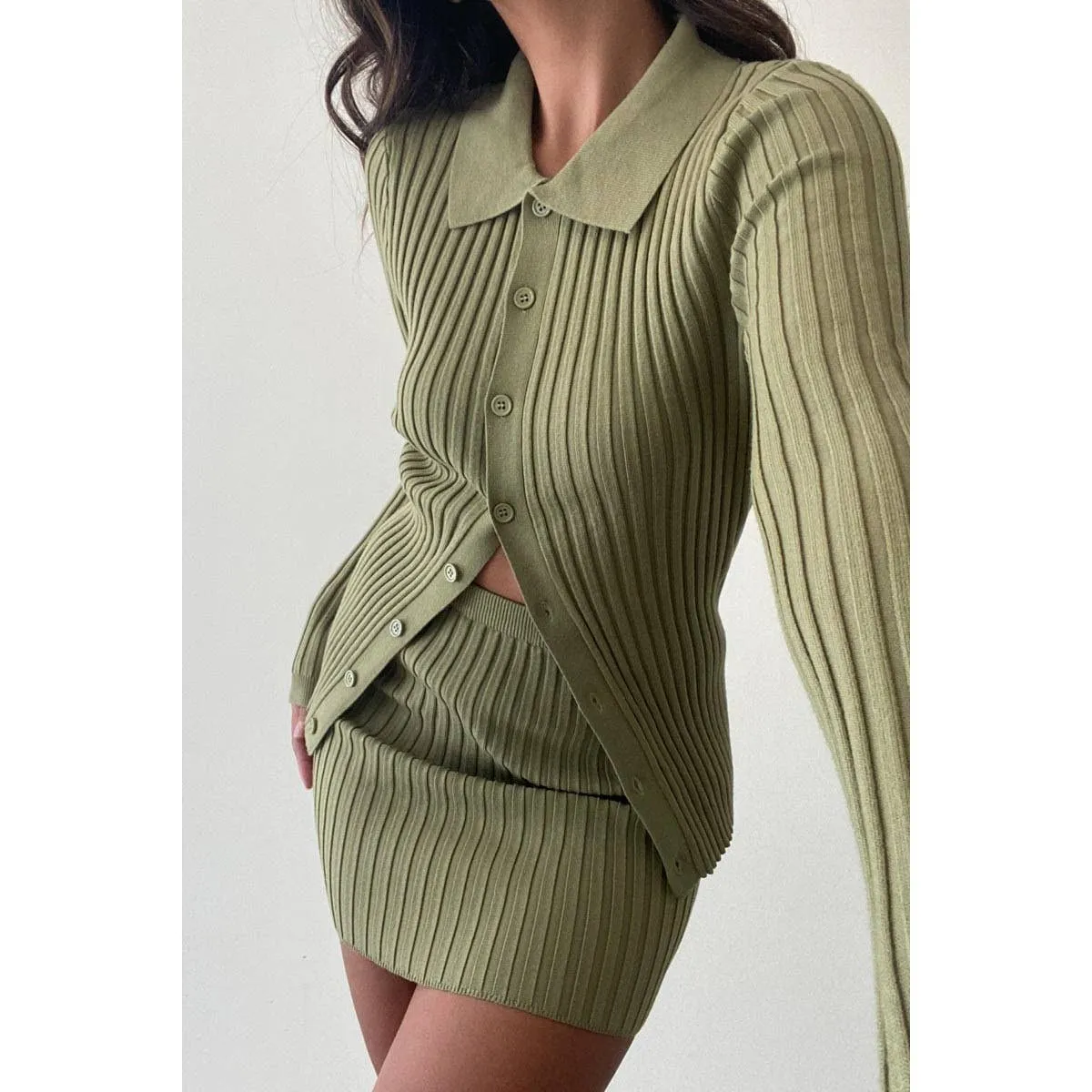 Rib Knitted Button Down Sweater Top  and Skirt Set In Olive ONLY 2 LEFT!