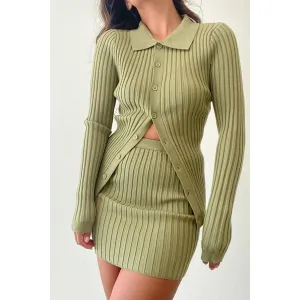 Rib Knitted Button Down Sweater Top  and Skirt Set In Olive ONLY 2 LEFT!