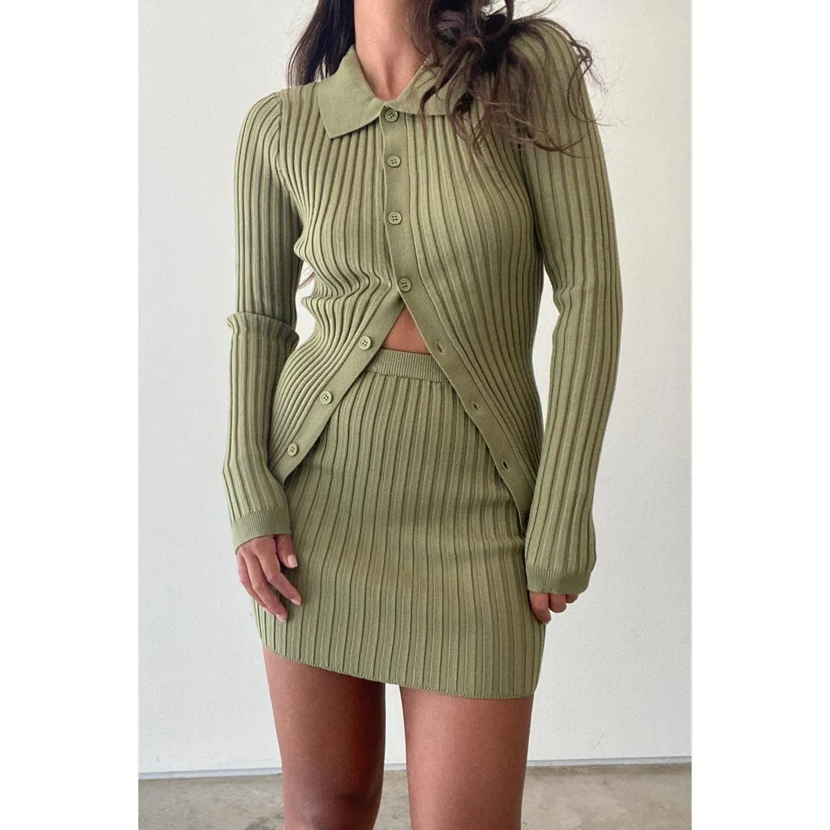 Rib Knitted Button Down Sweater Top  and Skirt Set In Olive ONLY 2 LEFT!