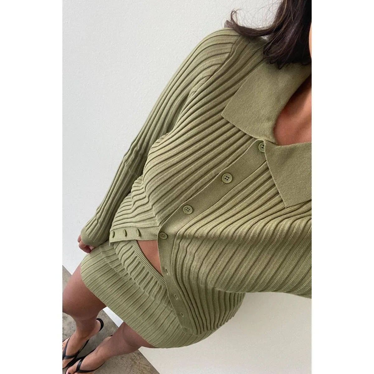 Rib Knitted Button Down Sweater Top  and Skirt Set In Olive ONLY 2 LEFT!