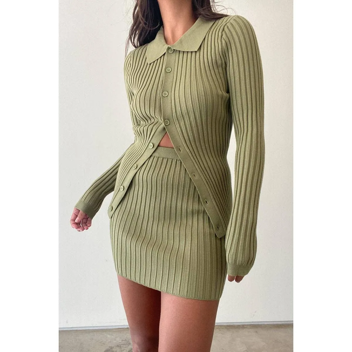 Rib Knitted Button Down Sweater Top  and Skirt Set In Olive ONLY 2 LEFT!