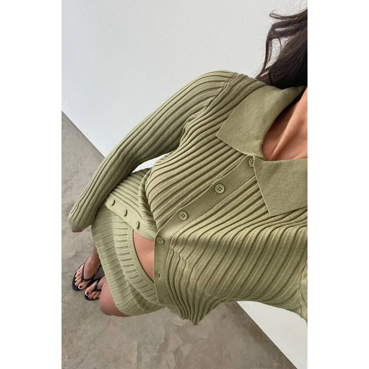 Rib Knitted Button Down Sweater Top  and Skirt Set In Olive ONLY 2 LEFT!