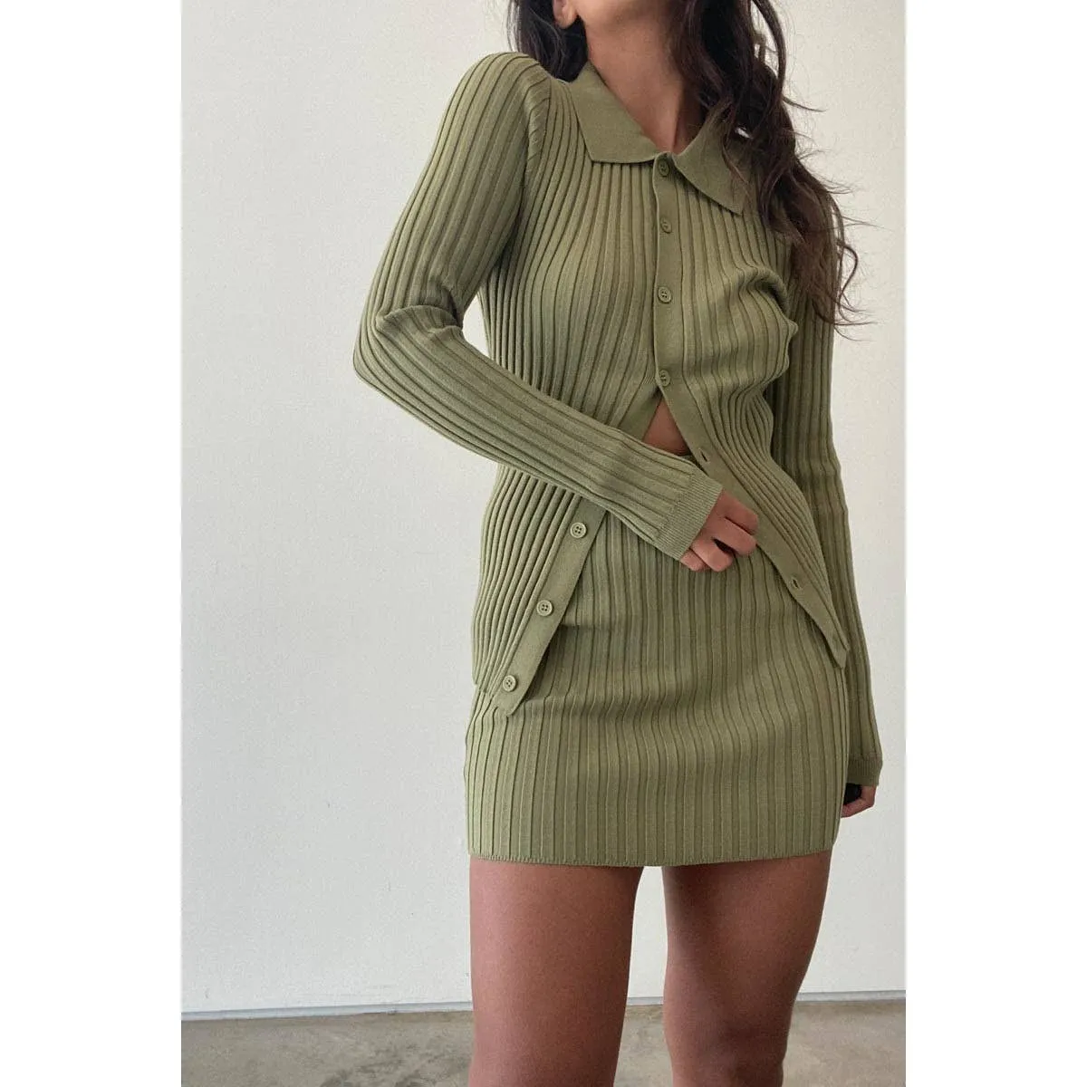 Rib Knitted Button Down Sweater Top  and Skirt Set In Olive ONLY 2 LEFT!