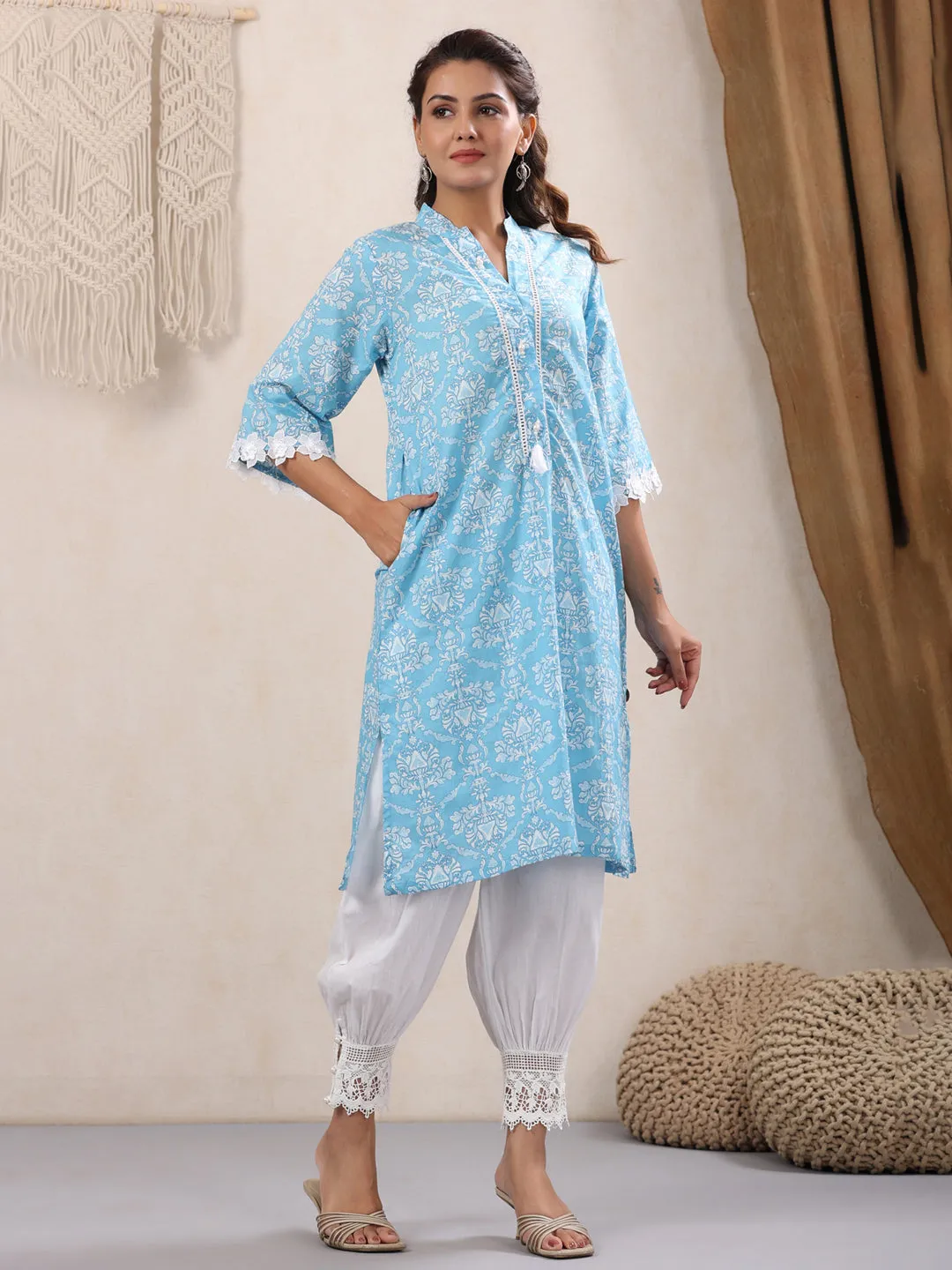 Skyblue Lace Detailing Kurta Only