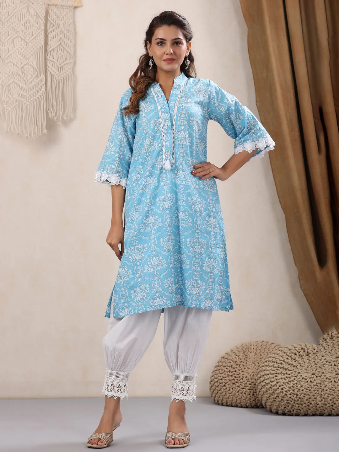Skyblue Lace Detailing Kurta Only