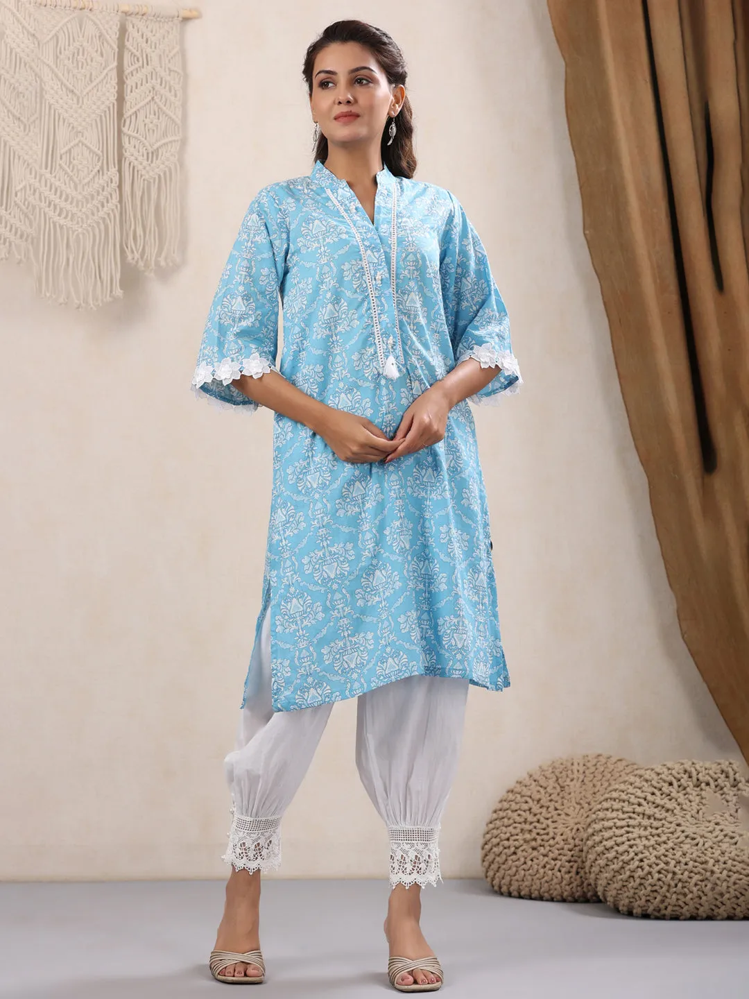 Skyblue Lace Detailing Kurta Only