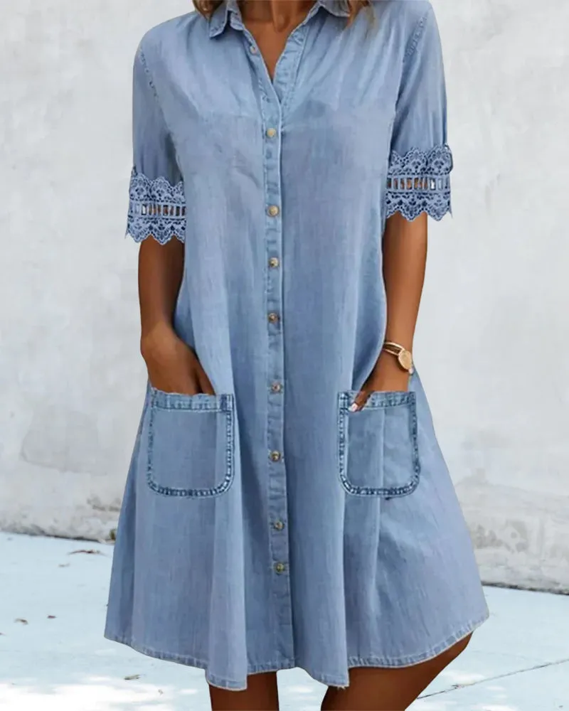 Solid color lace patchwork lapel button pocket dress