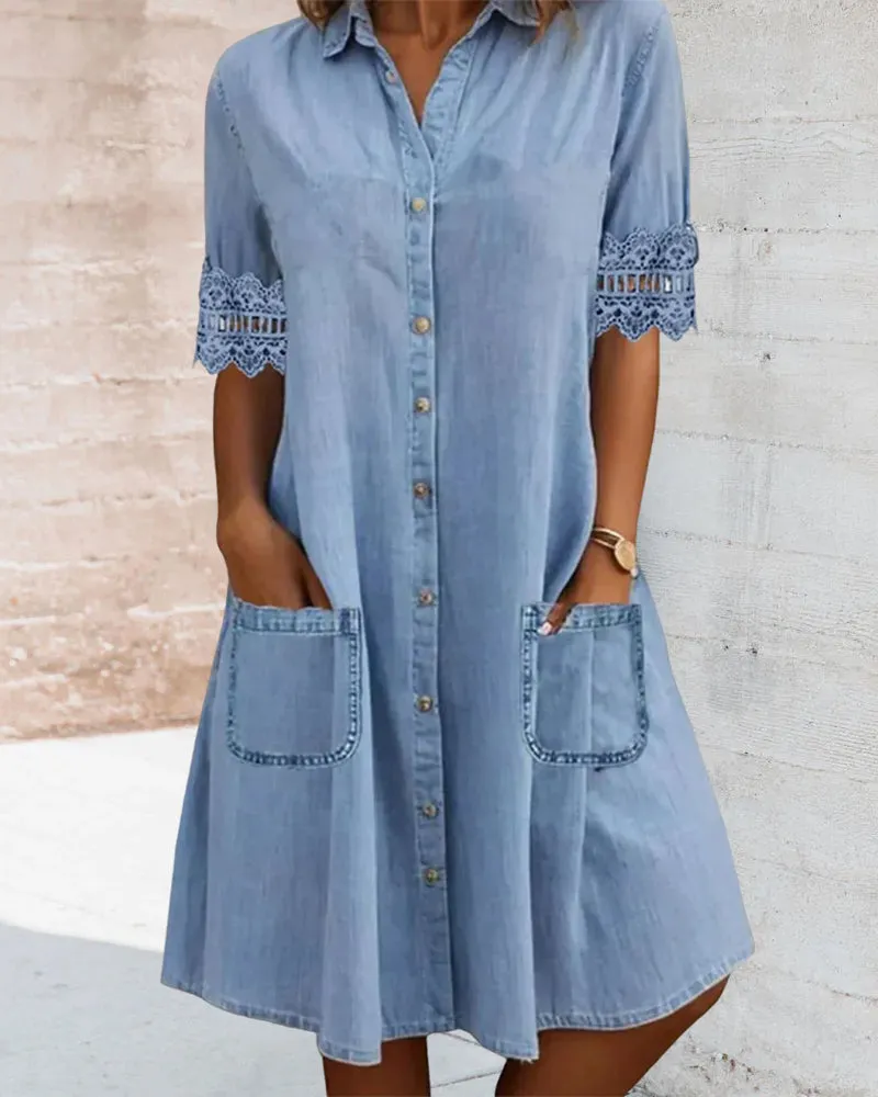 Solid color lace patchwork lapel button pocket dress