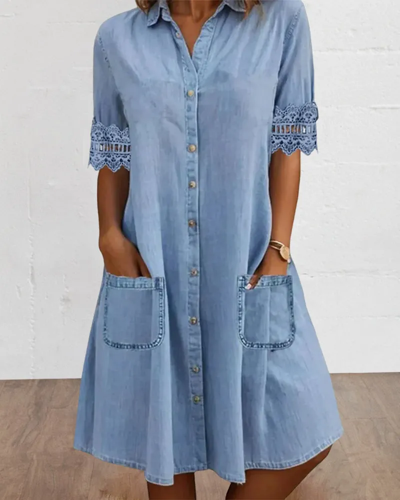 Solid color lace patchwork lapel button pocket dress