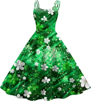 St Patricks Dress Ladies Dressy Vintage Sleeveless Midi Off Shoulder A-Line Swing Shamrock Print Dresses
