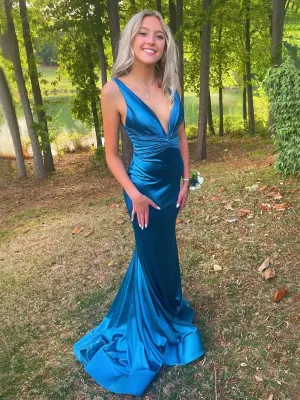 Teal Blue Satin Mermaid Prom Dresses 2025 with V-Neck & Pleated Bodice – FD5051
