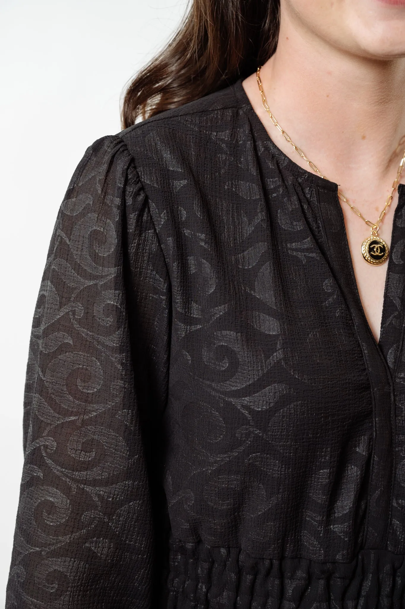 The Long Length Sydney Dress in Midnight Black Scroll
