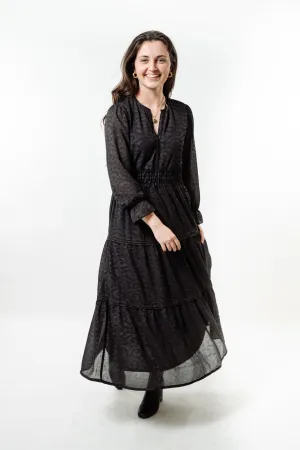 The Long Length Sydney Dress in Midnight Black Scroll