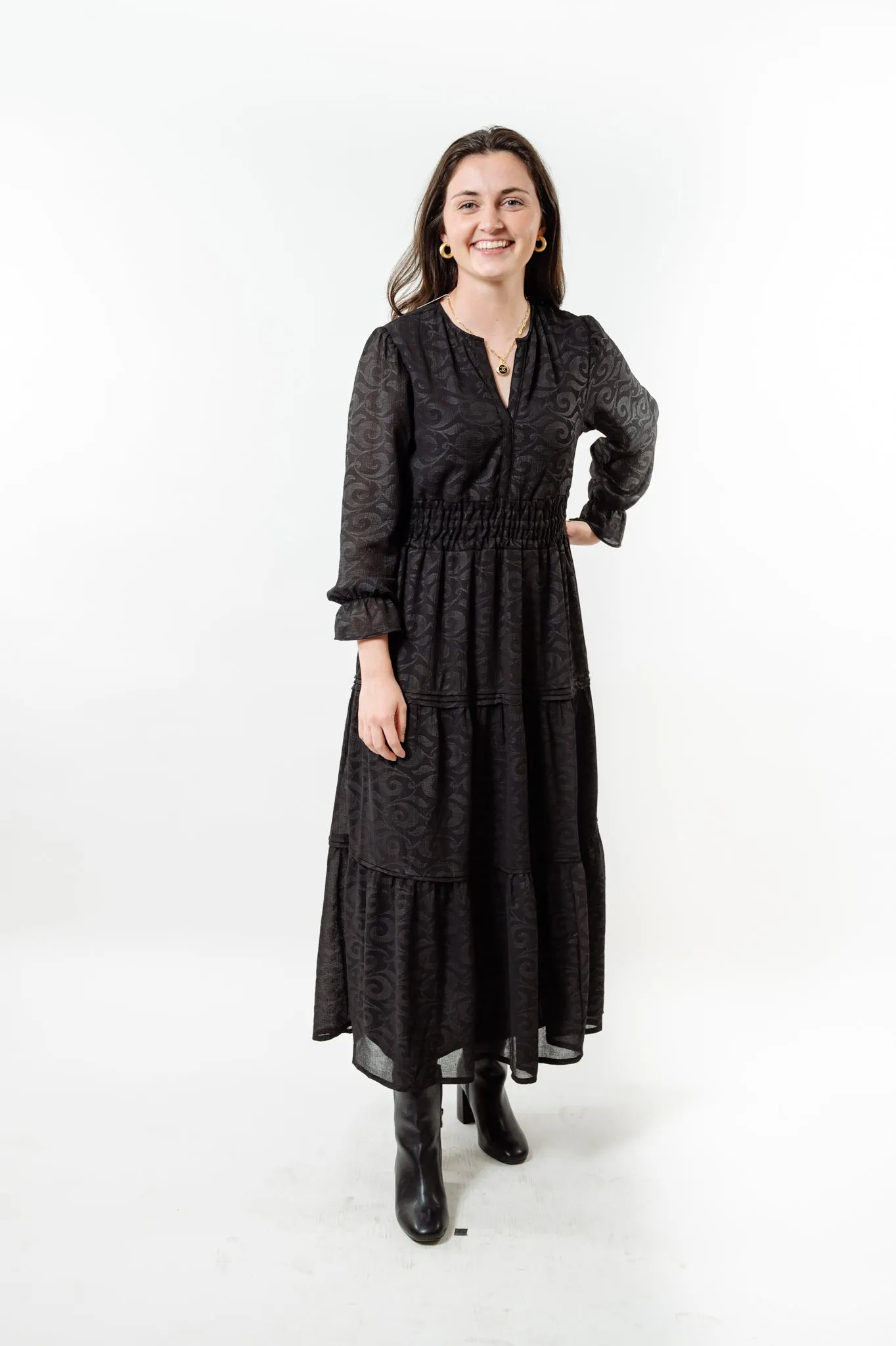 The Long Length Sydney Dress in Midnight Black Scroll
