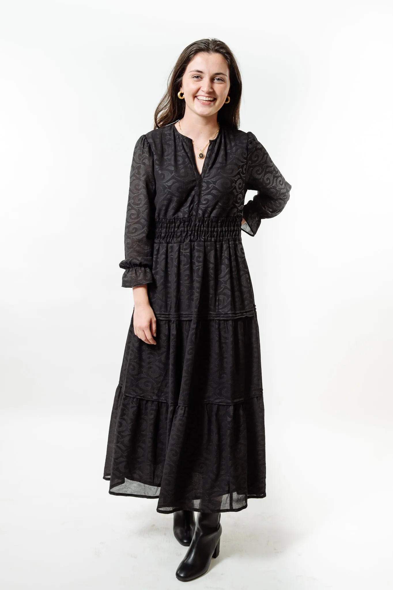 The Long Length Sydney Dress in Midnight Black Scroll