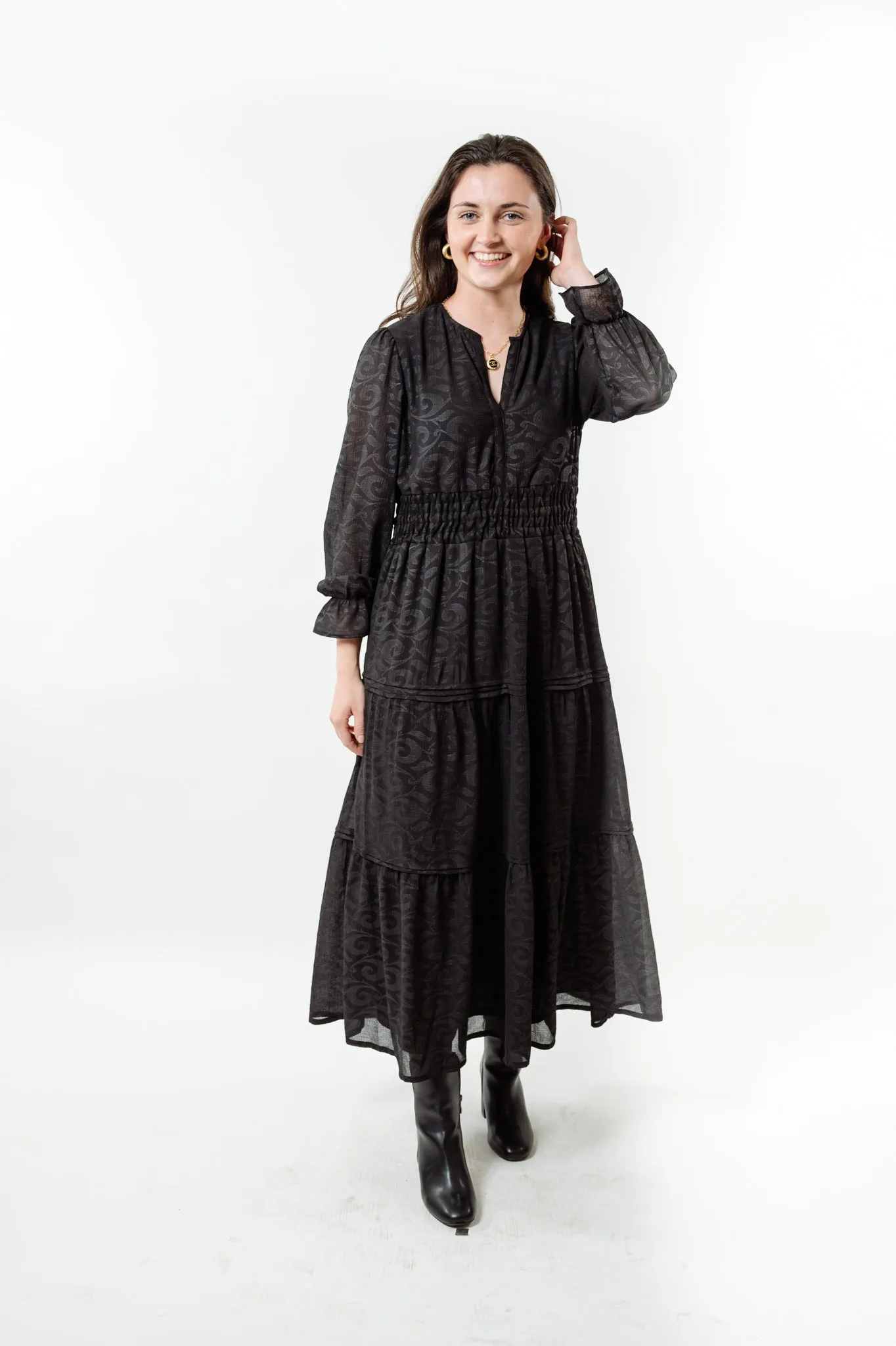 The Long Length Sydney Dress in Midnight Black Scroll
