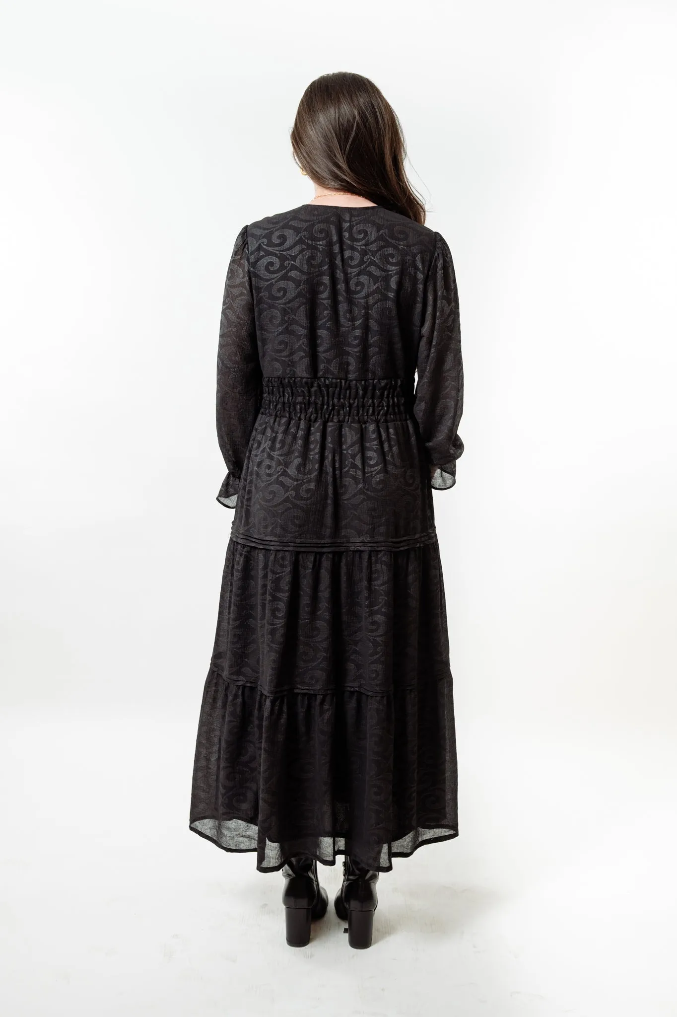 The Long Length Sydney Dress in Midnight Black Scroll